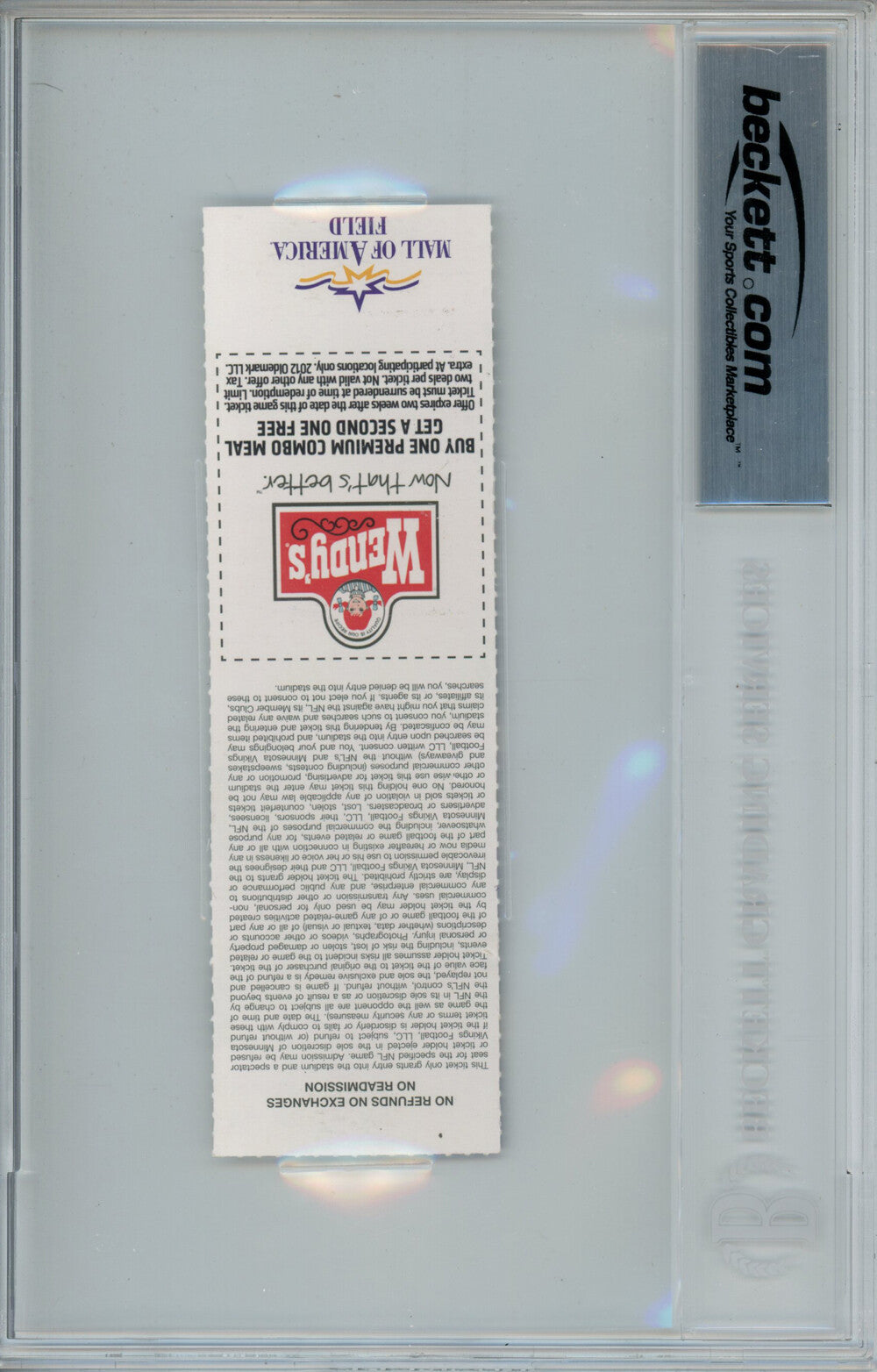 Adrian Peterson Signed 12/30/2012 Ticket Stub "2097 Yds" Beckett Slab