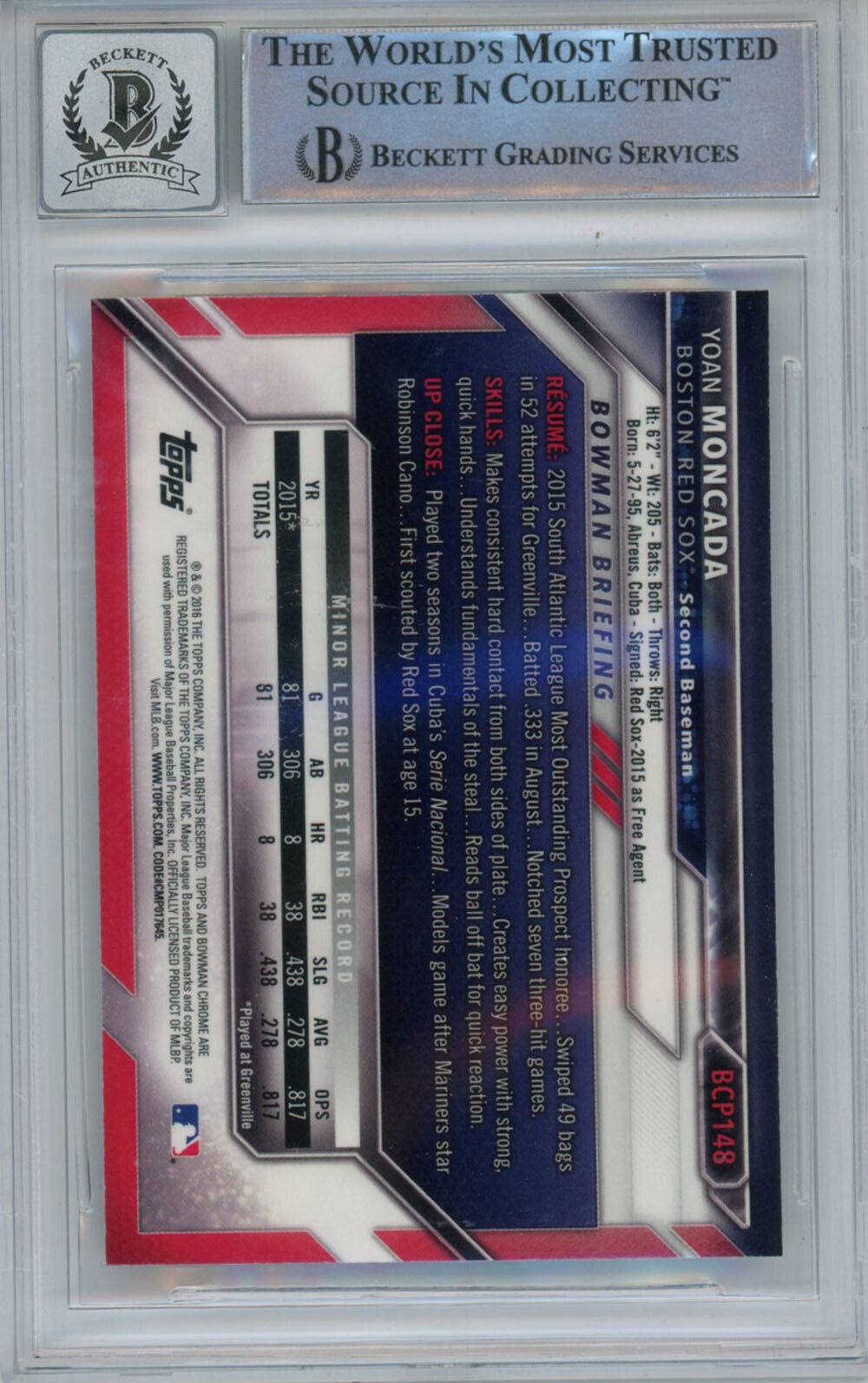 Yoan Moncada Autographed 2016 Bowman Chrome Prospects Card Beckett BAS Slab