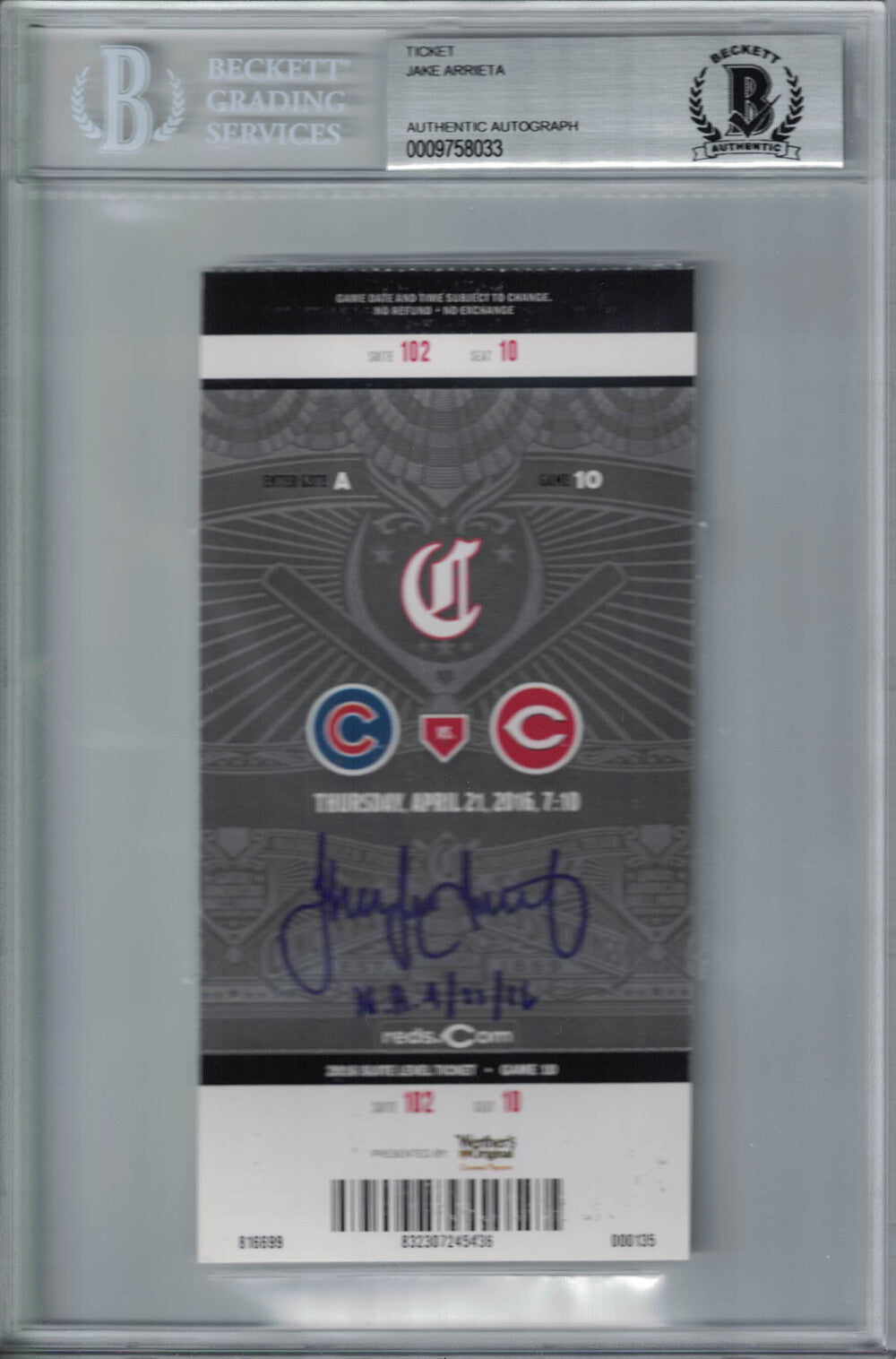 Jake Arrieta Autographed Chicago Cubs No-Hitter Ticket BAS Slabbed