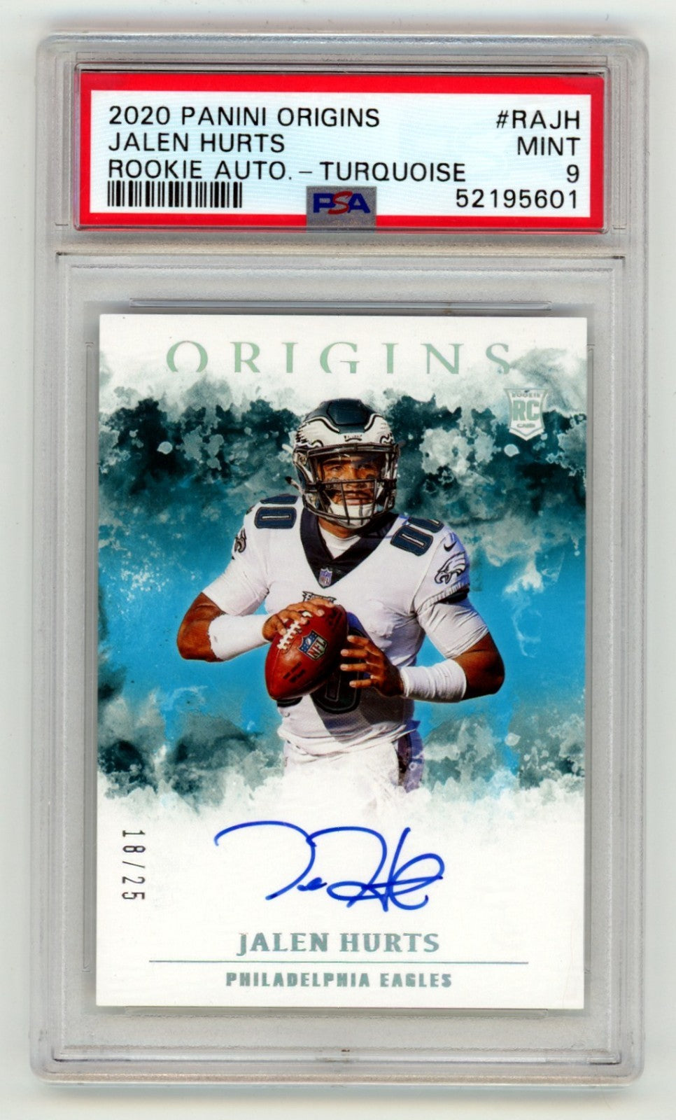 Jalen Hurts 2020 Panini Origins Turquoise Signed Rookie Card #18/25 PSA 9