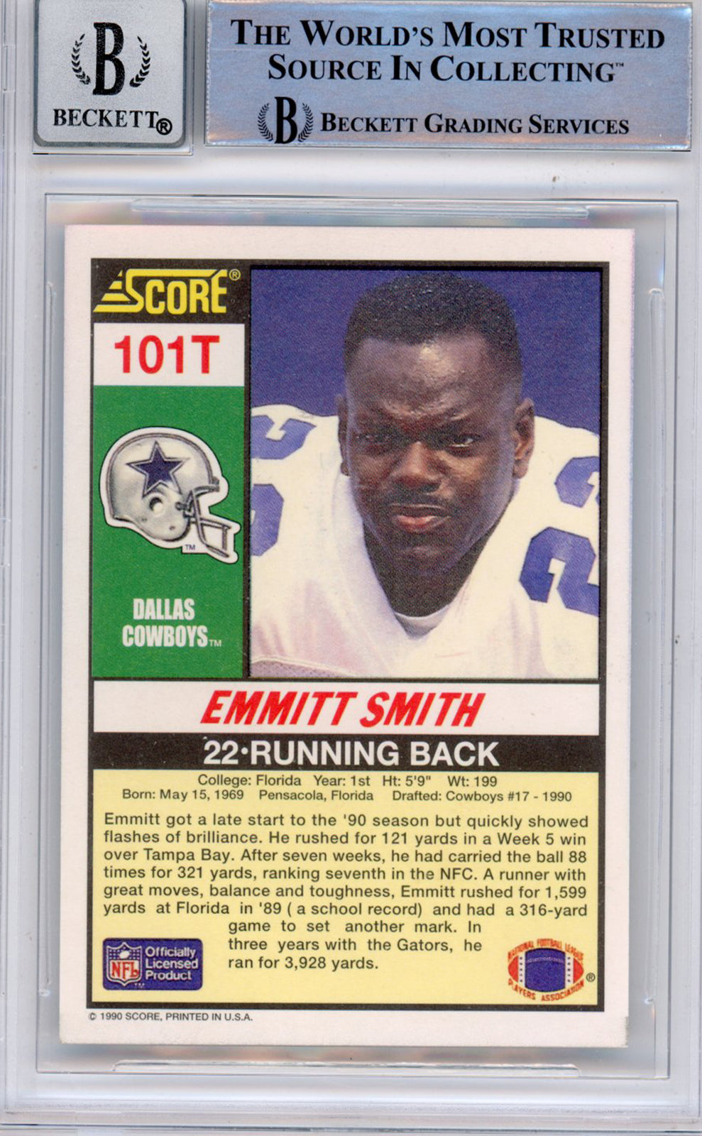 Emmitt Smith Signed 1990 Score Supplemental #101 Card - Grade 10 BAS