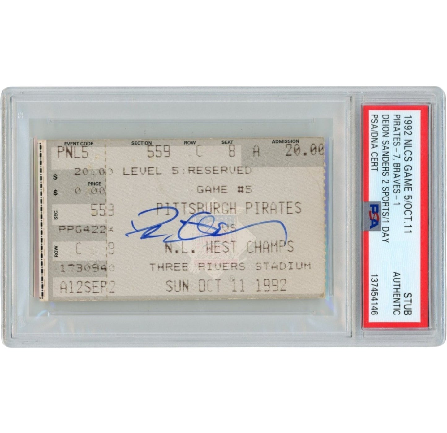 Deion Sanders Signed Atlanta Braves 1992 NLCS Game 5 Ticket - Slabbed