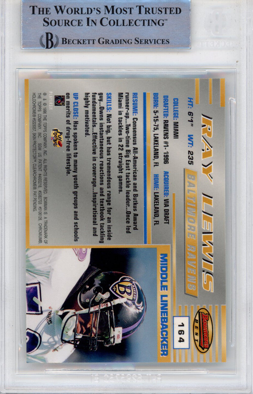 Ray Lewis Autographed 1996 Bowman's Best #164 Trading Card - BAS Slabbed