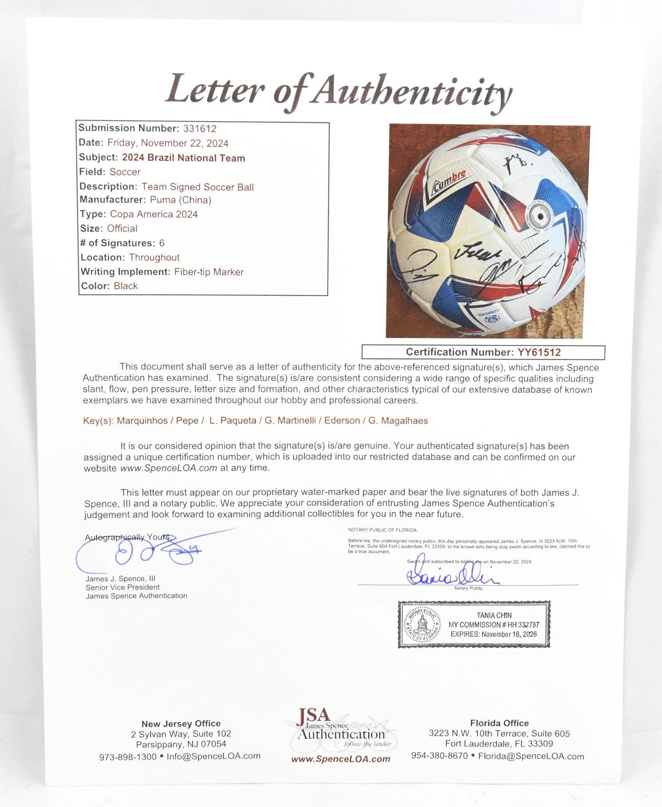 Marquinhos, Pepe, Paqueta, Martinelli, Ederson, Magalhaes Signed Soccer Ball