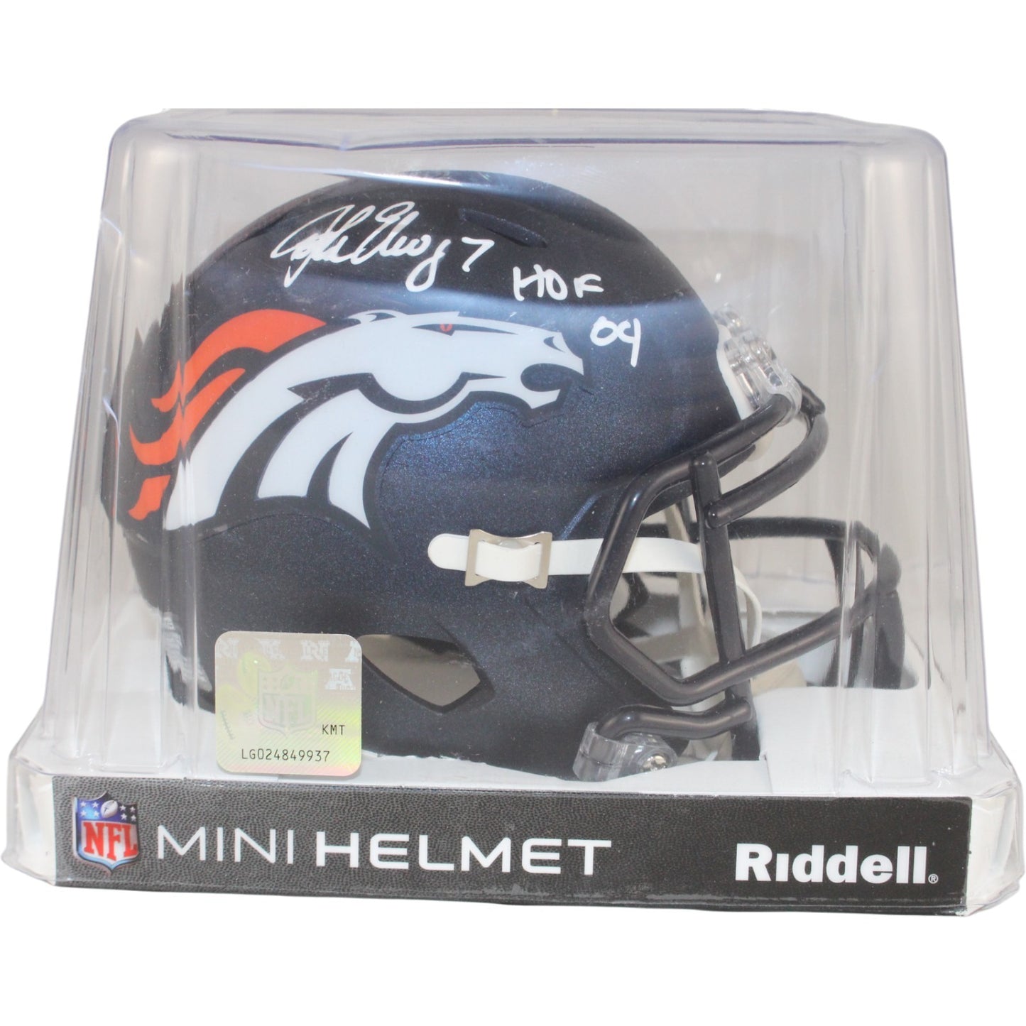 John Elway Signed Denver Broncos Mini Helmet with "HOF" Inscription Beckett BAS