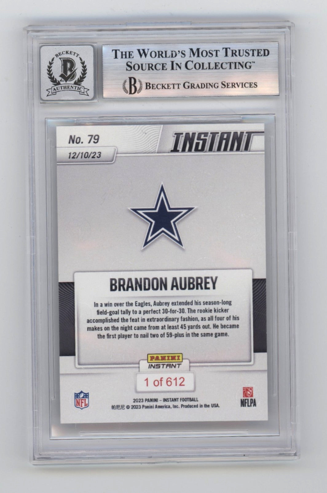Brandon Aubrey Autographed 2023 Panini Instant Rookie Card BGS 10 Auto