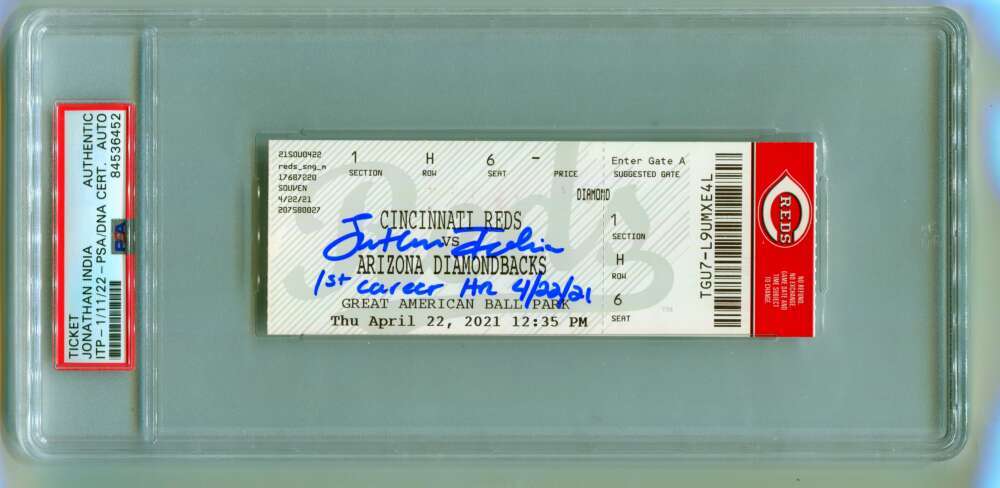 Jonathan India Signed 1st Career Home Run Ticket Inscription PSA