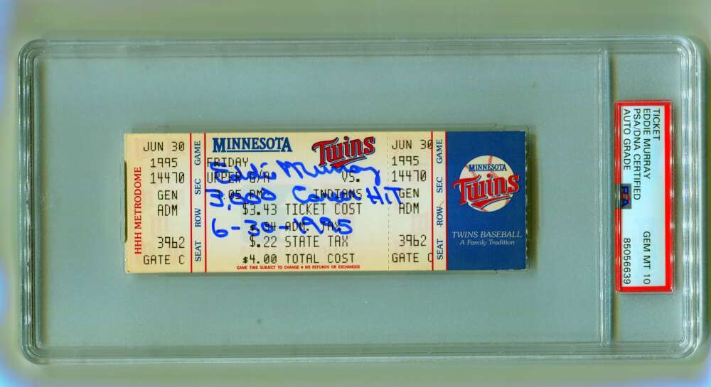 Eddie Murray Signed 3000th Hit Game Ticket 6/30/1995 PSA 10 Auto