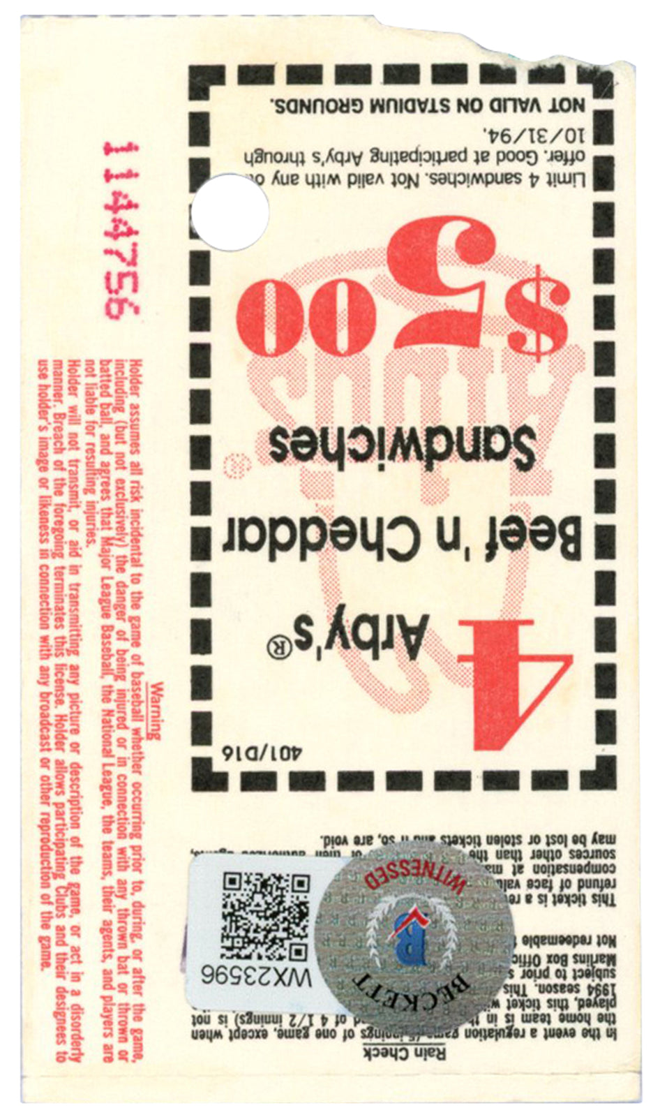 Deion Sanders Signed Cincinnati Reds 7/4/1994 Game Ticket Stub