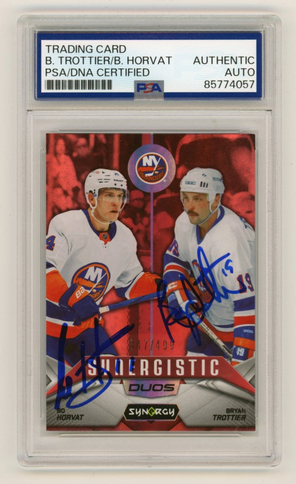 Bo Horvat & Bryan Trottier Signed 2024-25 UD Synergy Red Dual Card /499