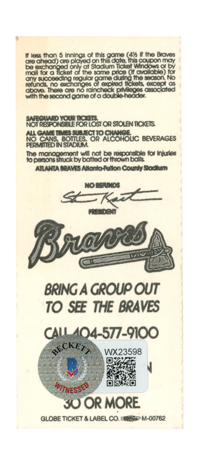 Deion Sanders Signed Atlanta Braves 1992 Game Ticket Stub (vs Pirates)
