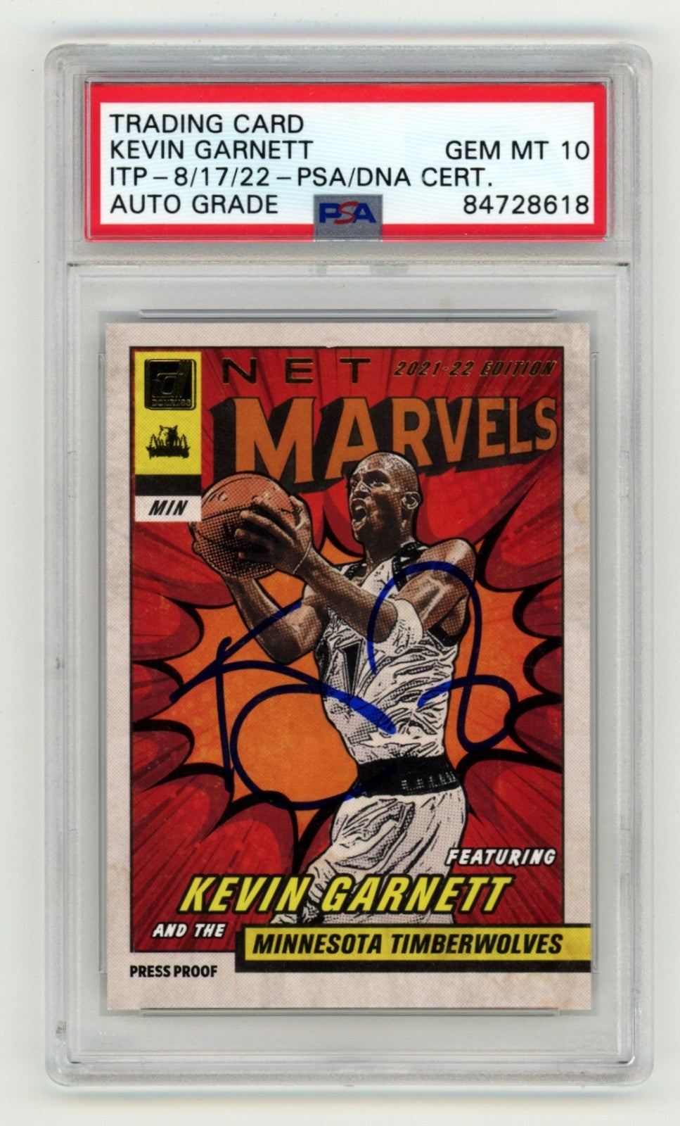 Kevin Garnett Signed 2021-22 Donruss Net Marvels Gold Press Proof Card PSA 10