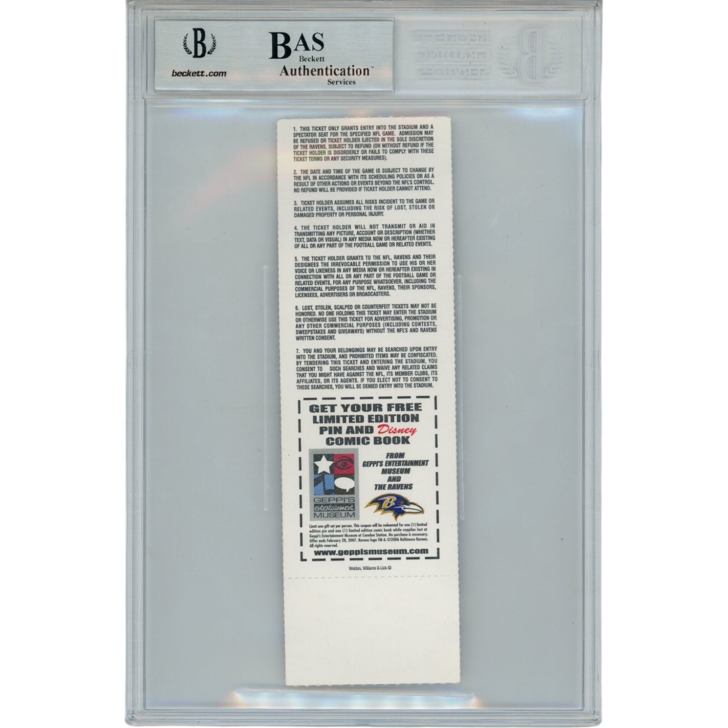 Ray Lewis Autographed Baltimore Ravens Slabbed Full Ticket Stub (12/17/06)