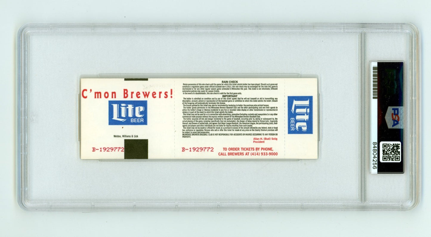 Robin Yount Signed Ticket - 3000th Hit Game 9/9/1992 PSA 9 Auto