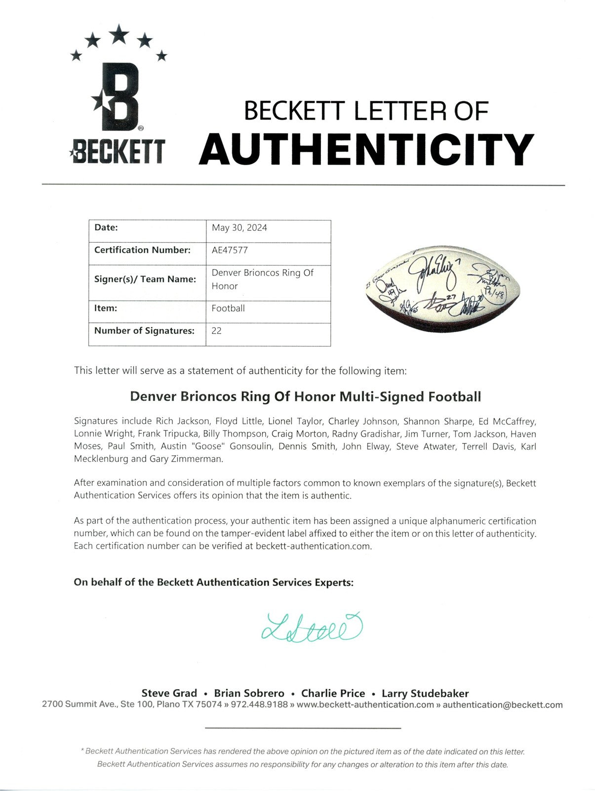John Elway, Frank Tripucka & Ring of Honor Signed Broncos Logo Football