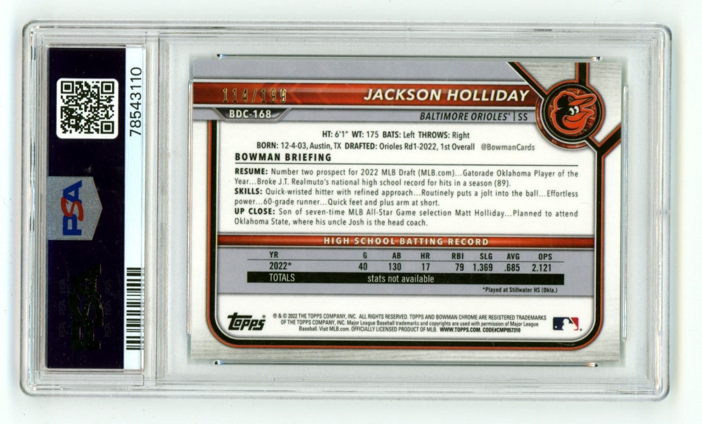 Jackson Holliday Autographed 2022 Bowman Chrome 1st Aqua Lava Refractor /199