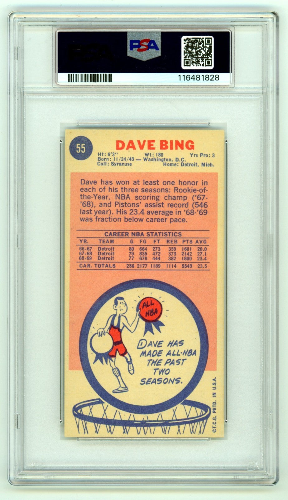 Dave Bing Signed 1969-70 Topps Rookie Card #55 PSA 10 Auto