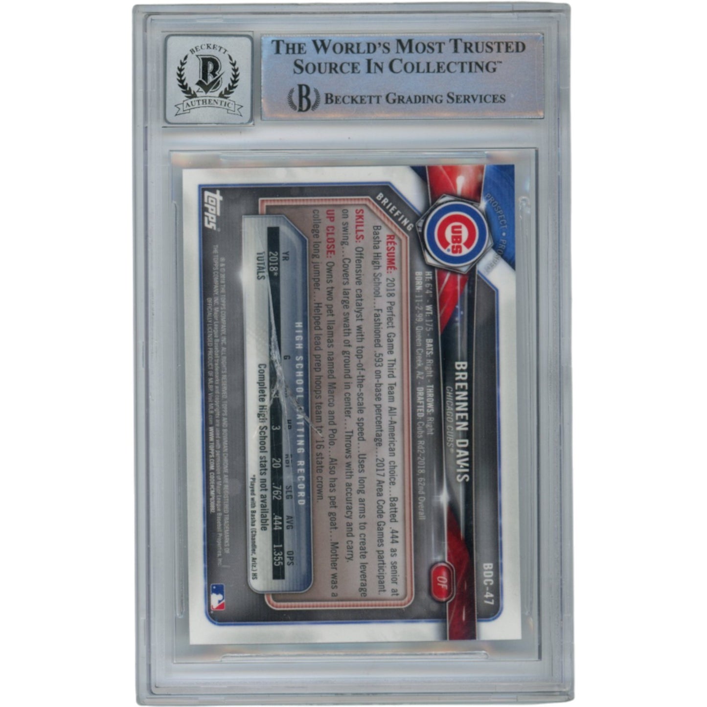 Brennen Davis Signed 2018 Bowman Chrome Draft Card Chicago Cubs (BAS)
