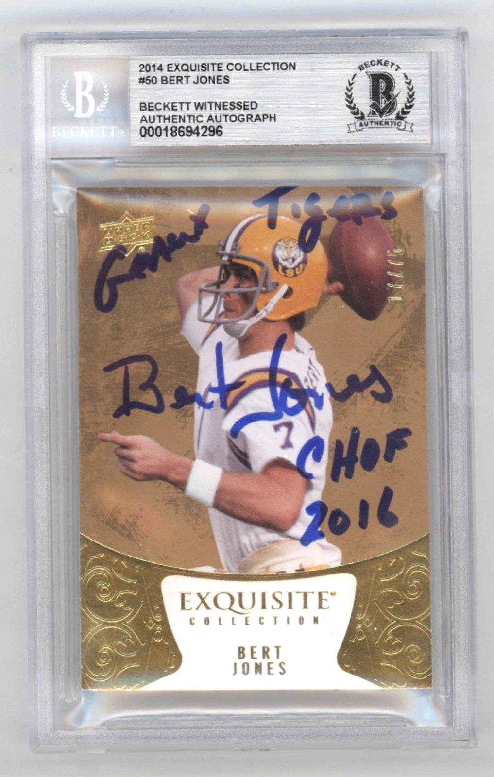 Bert Jones Signed 2014 Exquisite Collection Gold Card /75 (LSU Tigers)