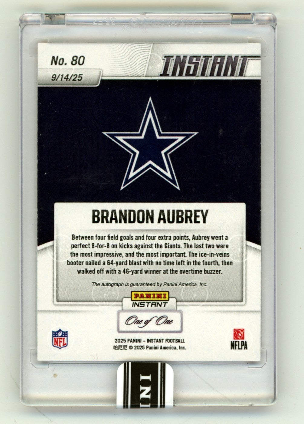 Brandon Aubrey Signed 2025 Panini Instant #80 Lava Parallel Card 1/1