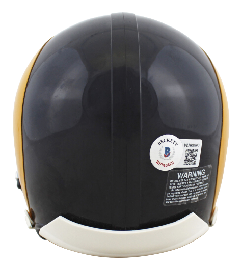 Kurt Warner St. Louis Rams 1981-99 Yellow Horn Throwback Rep Mini Helmet BAS COA (Los Angeles)