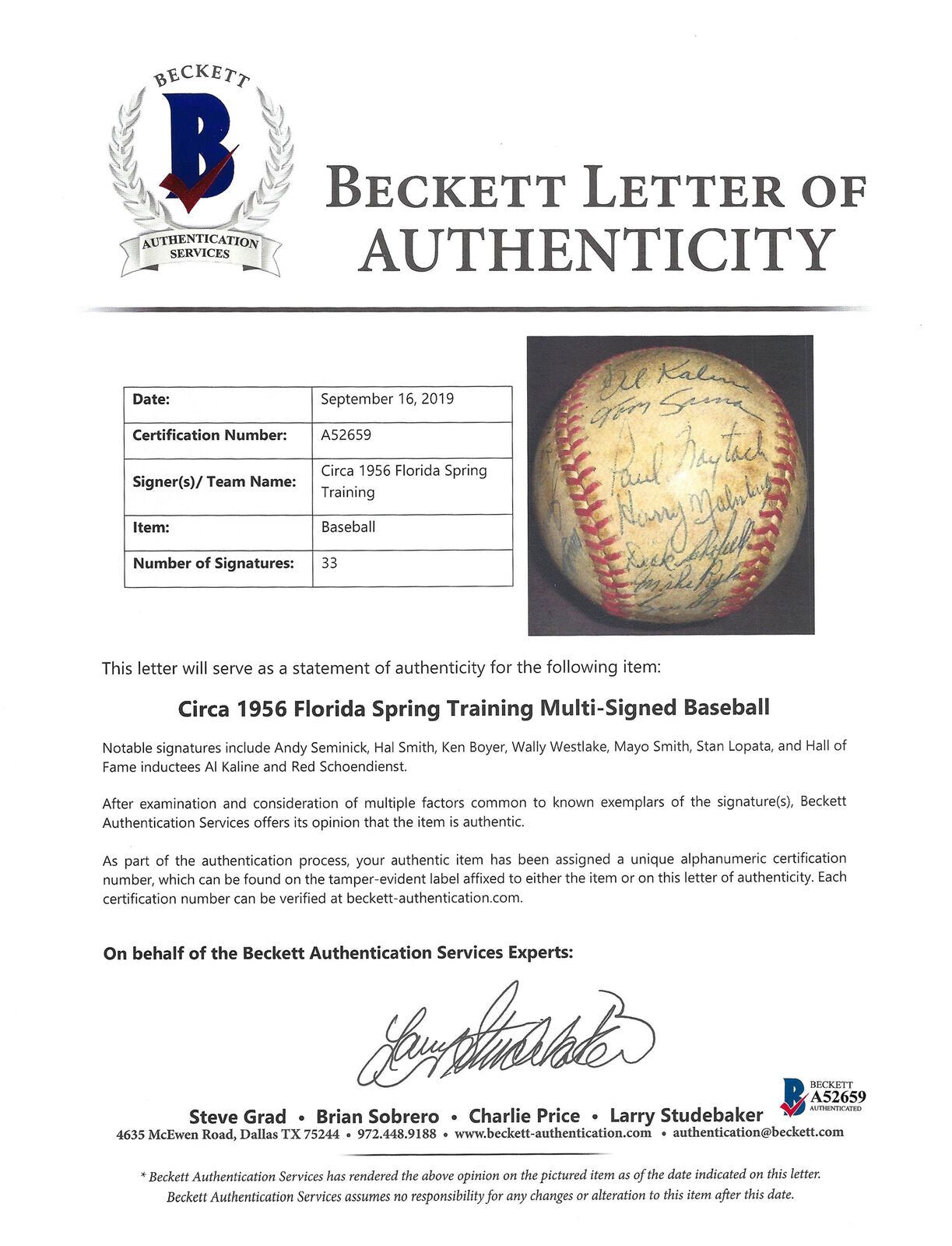 1956 Spring Training Autographed Baseball 33 Sigs Al Kaline Schoendienst A52659, ,