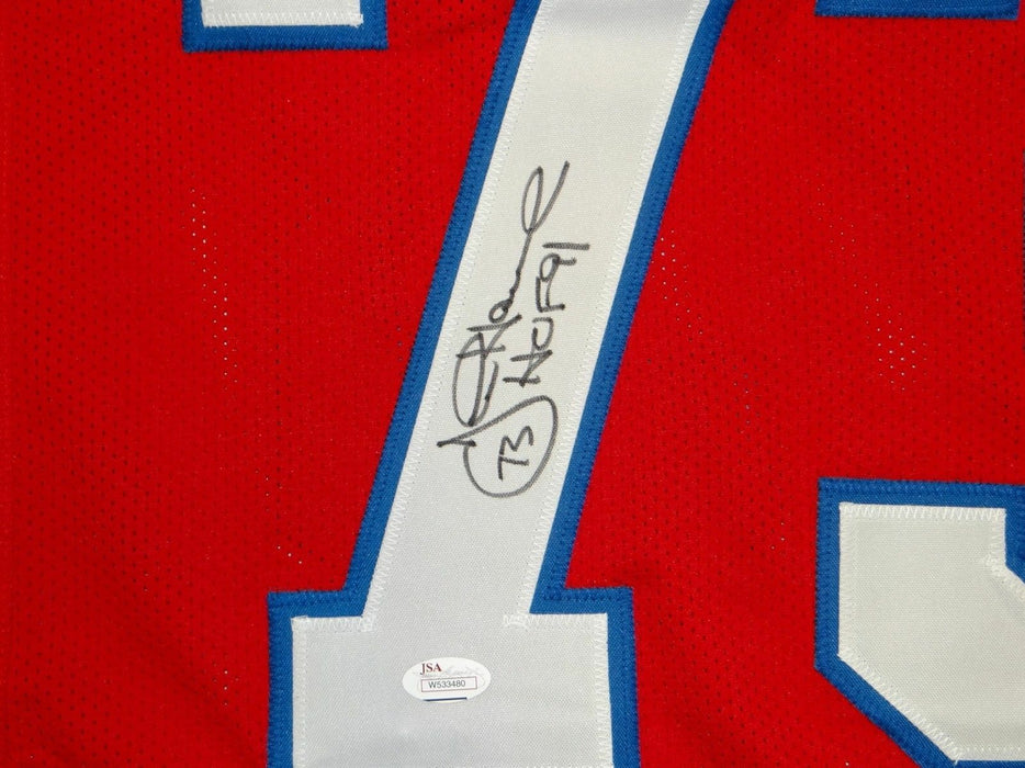 John Hannah New England Patriots Autographed Red Pro Style Jersey w/ HOF- (JSA COA)