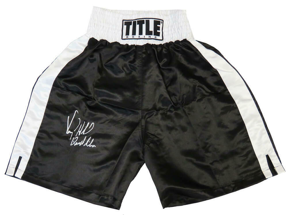 Virgil Hill Signed Title Black & White Trim Boxing Trunks w/Quicksilver (SS COA)