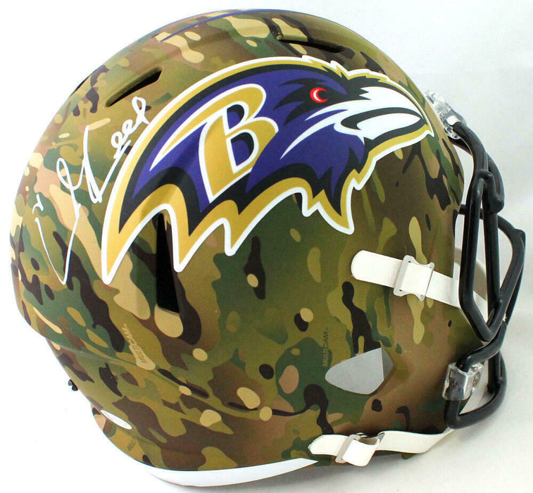 Ed Reed Baltimore Ravens Signed F/S Camo Speed Helmet (BAS COA)