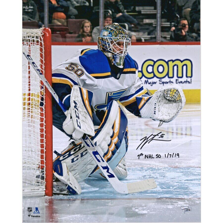 Jordan Binnington St. Louis Blues Signed "1st NHL SO 1/7/19" 16" x 20" Photo (FAN COA)