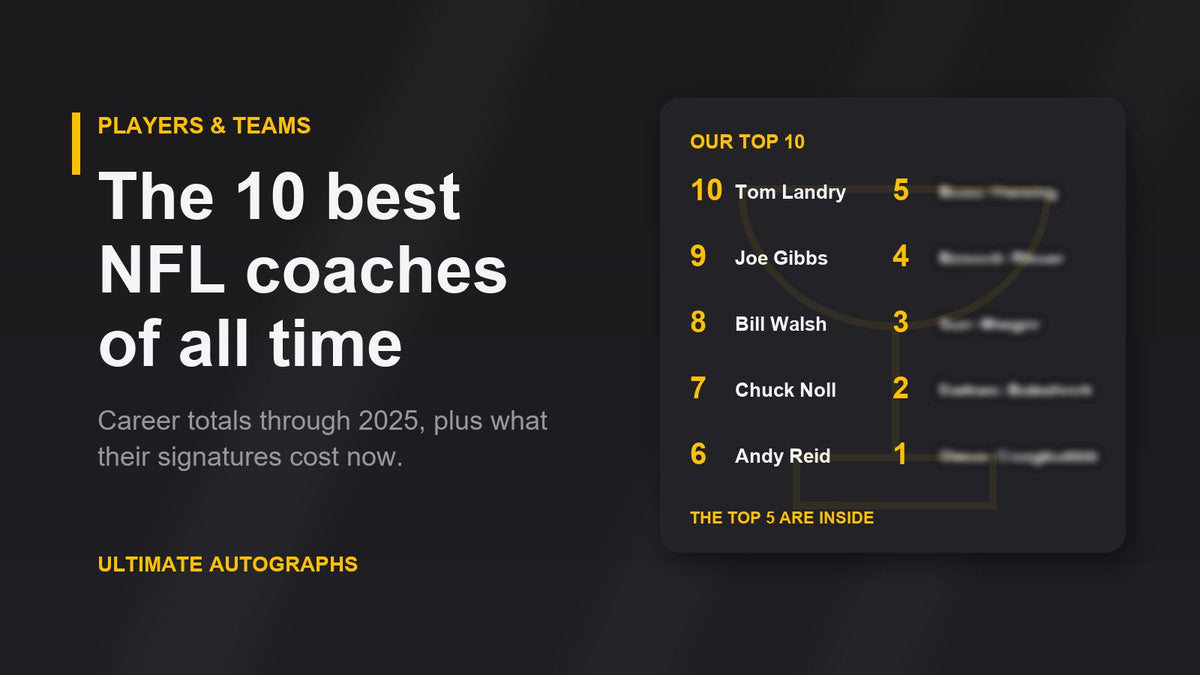 The 10 best NFL coaches of all time: numbers 10 to 6 are Tom Landry, Joe Gibbs, Bill Walsh, Chuck Noll and Andy Reid, with the top 5 hidden