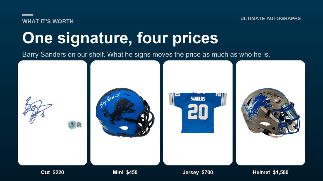 One Barry Sanders signature at four prices on our shelf: a signed cut at $220, a mini helmet at $450, a jersey at $700 and a full-size helmet at $1,580