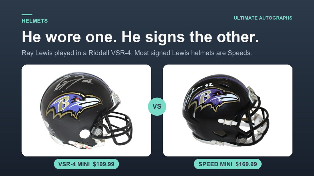 Signed Ray Lewis Ravens VSR-4 mini helmet at $199.99 next to a signed Ray Lewis Speed mini helmet at $169.99