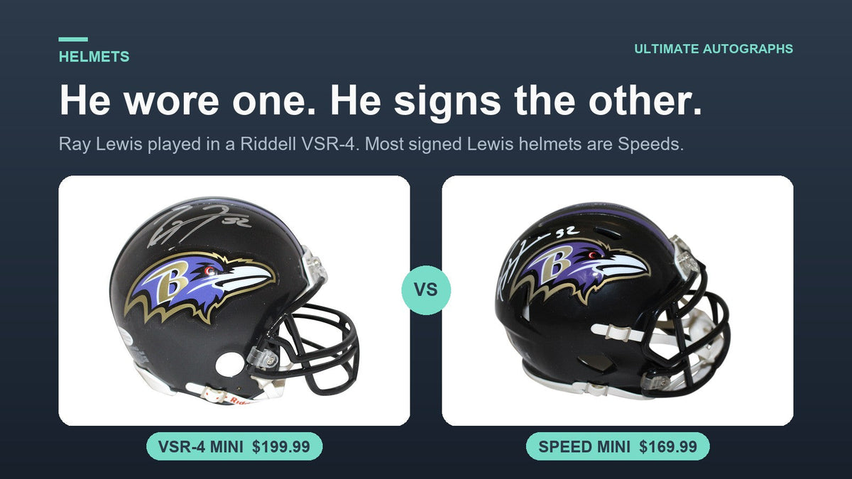 Signed Ray Lewis Ravens VSR-4 mini helmet at $199.99 next to a signed Ray Lewis Speed mini helmet at $169.99