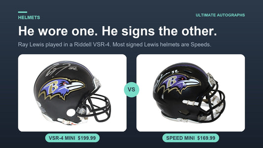 Signed Ray Lewis Ravens VSR-4 mini helmet at $199.99 next to a signed Ray Lewis Speed mini helmet at $169.99