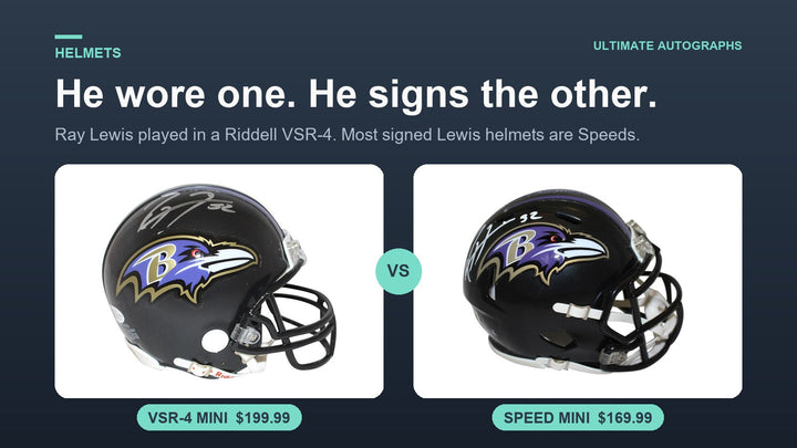 Signed Ray Lewis Ravens VSR-4 mini helmet at $199.99 next to a signed Ray Lewis Speed mini helmet at $169.99