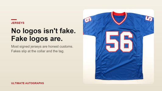 Signed Lawrence Taylor custom Giants jersey with a plain collar and no logos, beside the headline No logos isn't fake, fake logos are