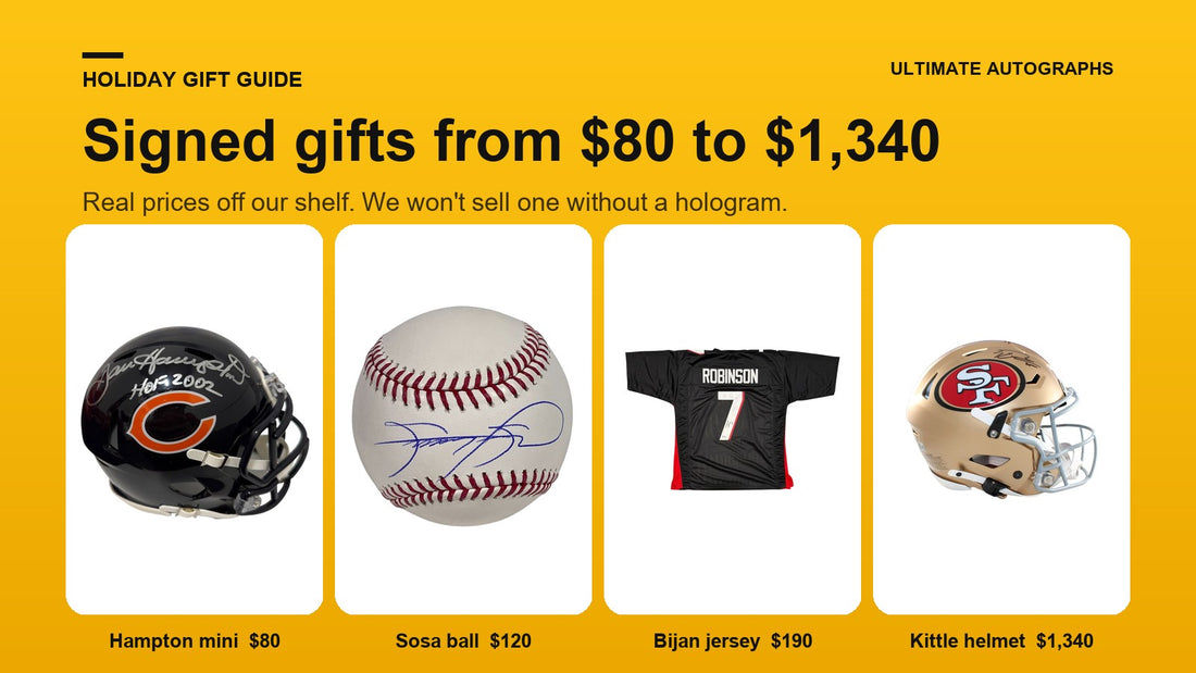 Signed gifts for sports fans from $80 to $1,340: a Dan Hampton Bears mini helmet, a Sammy Sosa baseball, a Bijan Robinson Falcons jersey and a George Kittle 49ers SpeedFlex helmet
