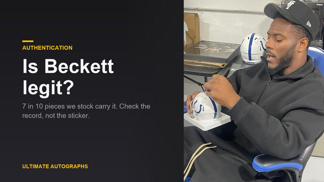 Is Beckett legit? Zaire Franklin signing an Indianapolis Colts mini helmet, with the note that seven in ten pieces we stock carry Beckett authentication