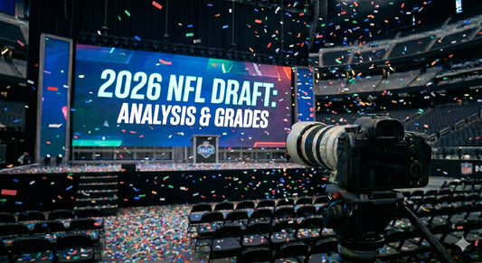 Empty NFL Draft stage with a big screen reading 2026 NFL Draft: Analysis and Grades as confetti falls across the arena