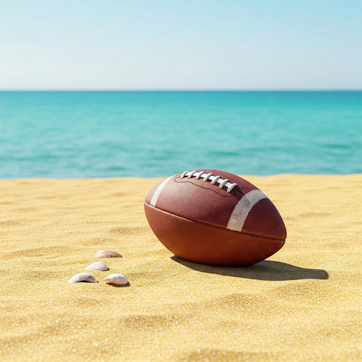 Football resting on a beach, representing the NFL off season