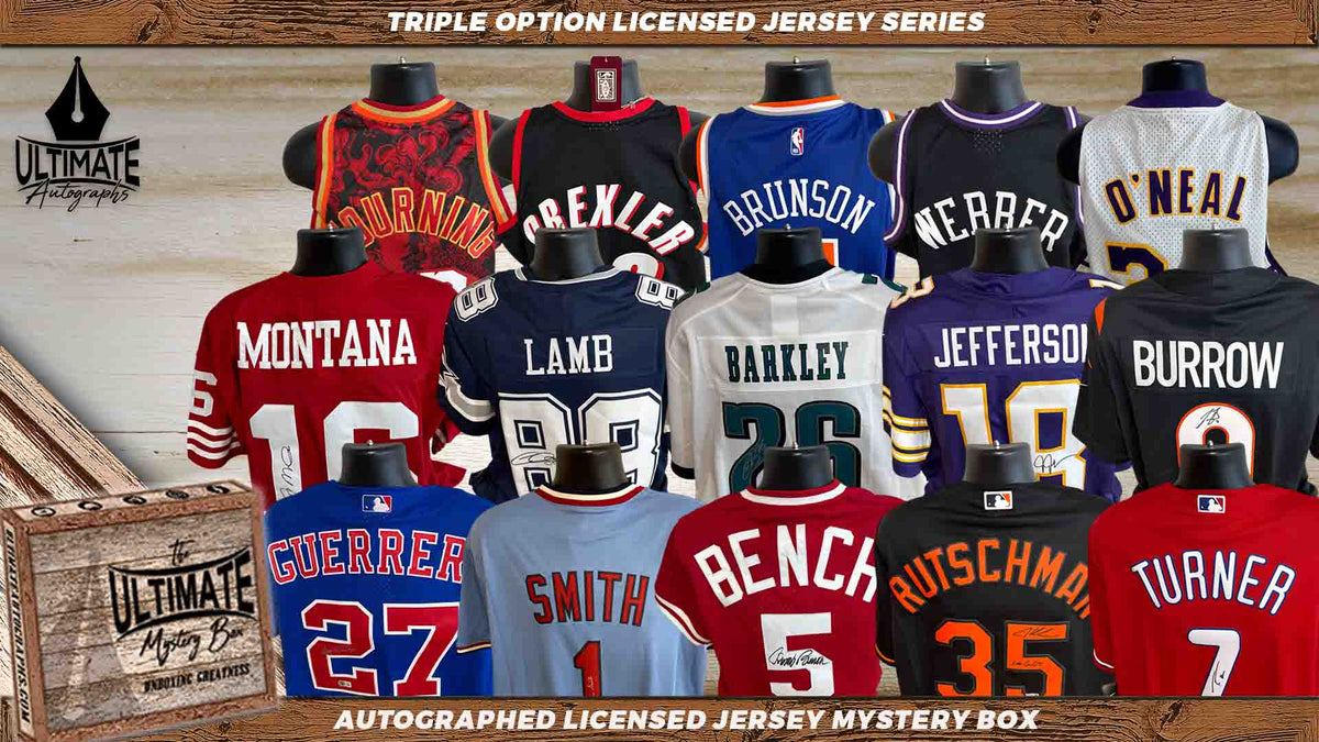 Signed football jerseys hanging on a rack in the Ultimate Autographs warehouse