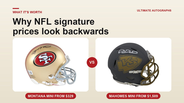 Signed Joe Montana and Patrick Mahomes mini helmets side by side, from $329 and from $1,589