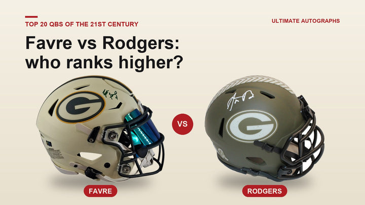 Brett Favre signed Green Bay Packers helmet next to an Aaron Rodgers signed Packers mini helmet