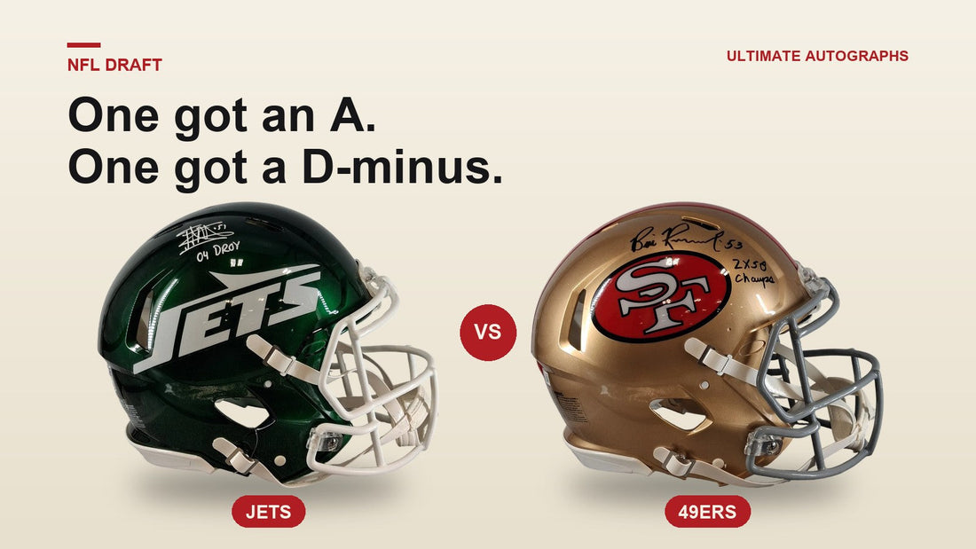 Signed New York Jets and San Francisco 49ers helmets side by side