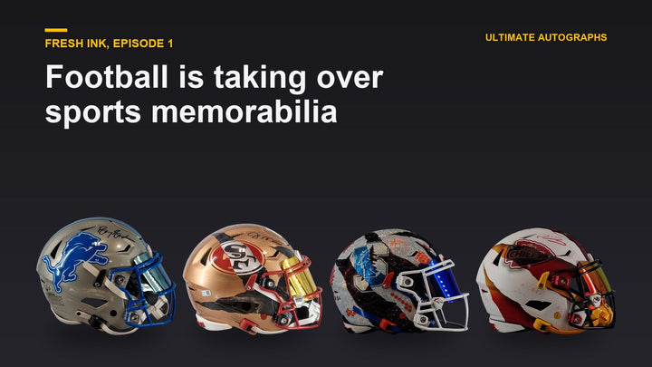 Four signed full-size football helmets from Ultimate Autographs for Fresh Ink episode 1 on football taking over sports memorabilia