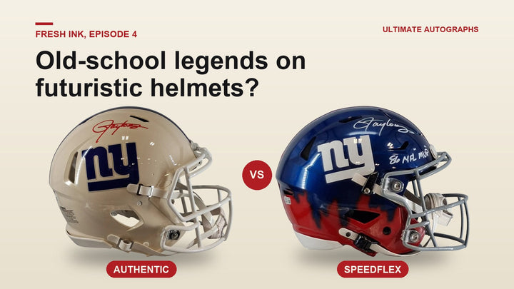 Lawrence Taylor signed Giants authentic helmet next to his signed SpeedFlex helmet, old-school legend on a futuristic shell