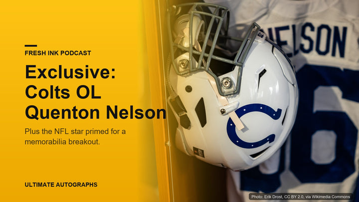 Quenton Nelson's Colts helmet and number 56 jersey in his locker, for the Fresh Ink exclusive interview