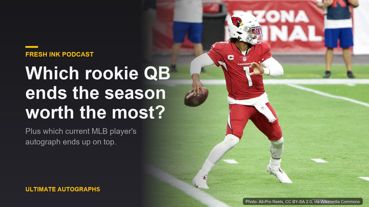 Kyler Murray throwing for the Arizona Cardinals, for the Fresh Ink episode on rookie QB autograph value