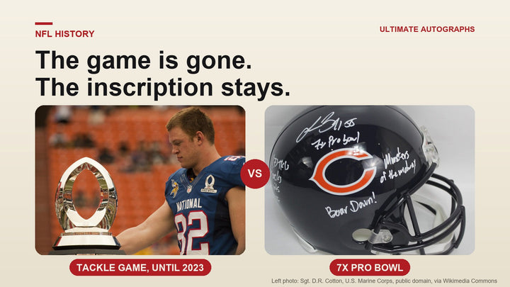 Pro Bowl MVP trophy beside a Lance Briggs signed Bears helmet inscribed 7x Pro Bowl
